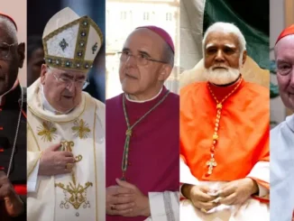 L-R: Cardinal Robert Sarah, Cardinal Stanisław Ryłko, Cardinal Carlos Osoro Sierra, Cardinal Joseph Coutts and Cardinal Timothy Radcliffe. (Credit: Daniel Ibañez/CNA; Romanuspontifex, CC BY-SA 3.0, via Wikimedia Commons)
